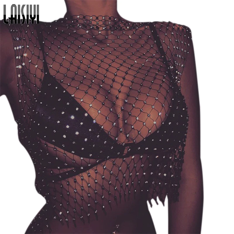

LAISIYI Sexy Mesh Top O Neck Transparent Croped Tank Top Sleeveless Hollow Out Rhinestone Summer Short Vests Crop Top ASVE20555