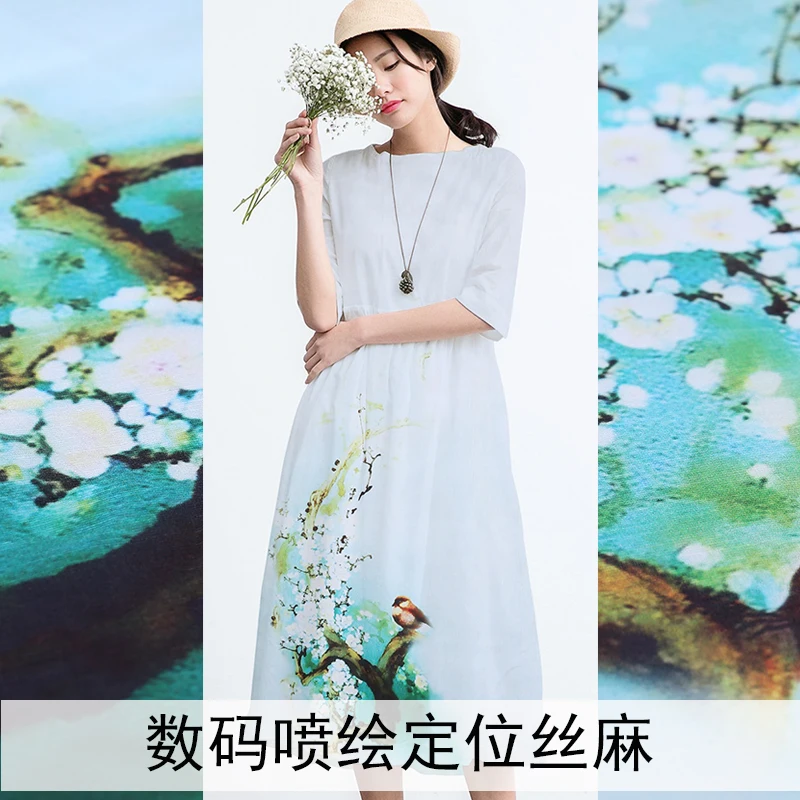 

140cm wide 13mm silk linen fabric magpie Digital inkjet silk linen fabric silk robes fabric silk dress