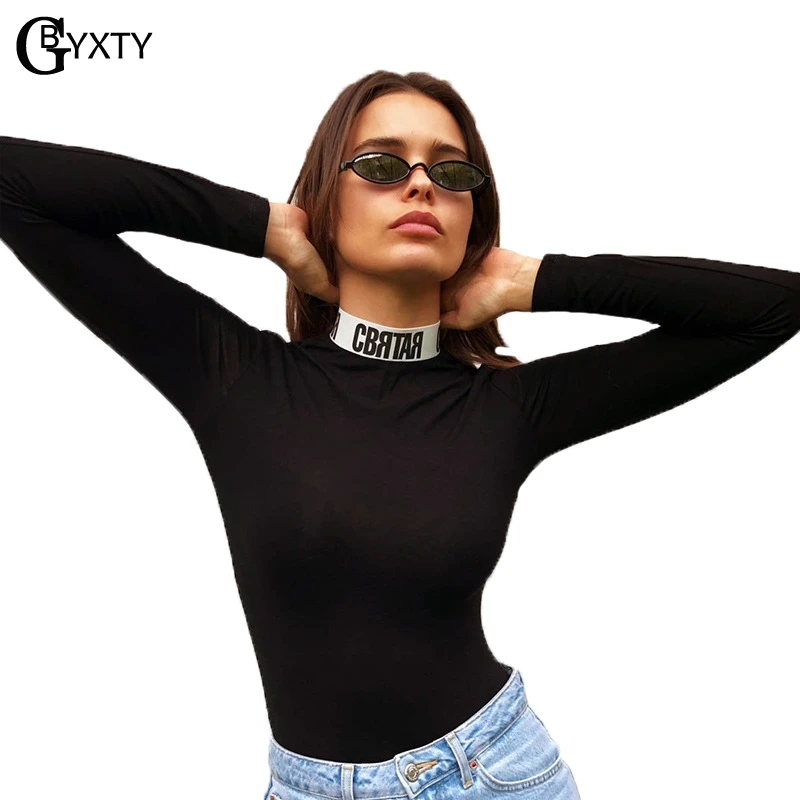 

GBYXTY Casual High Neck Letter Print Bodysuit Mujer Women Sexy 2018 Autumn Winter Long Sleeve Turtleneck Fitness Bodysuit ZA1218