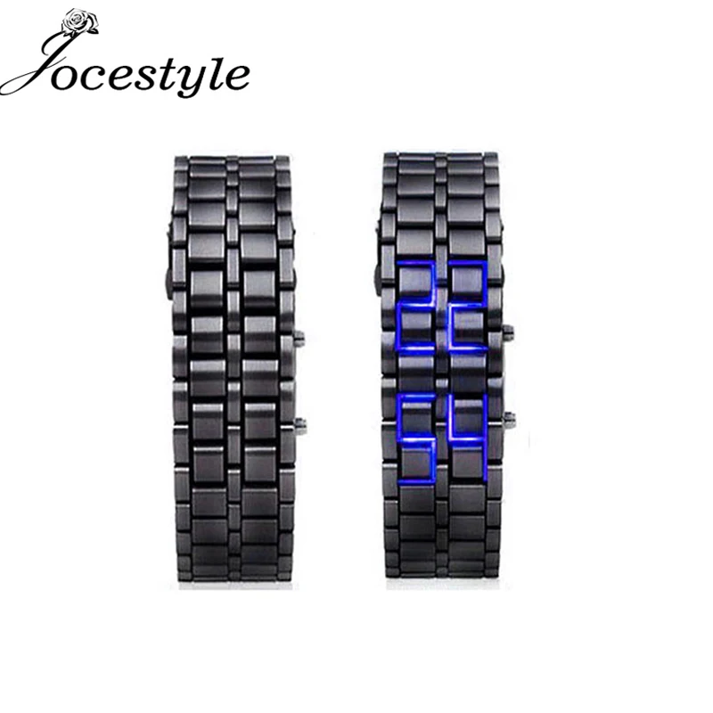 

2019 Creative Unique Red/Blue Digital Lava Wrist Watch clock Business Man Watches Iron Metal Blue LED Full Metal Samurai Gifts