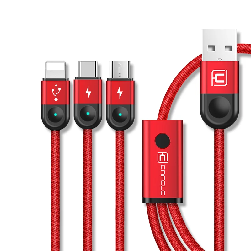 Cafele 3в1 светодиодный usb-кабель для iPhone Micro USB type C нейлоновый Плетеный usb-кабель для iPhone huawei Xiaomi Быстрая зарядка - Цвет: Красный