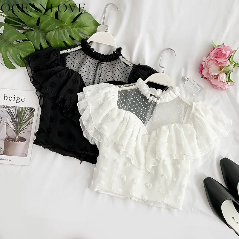 

OCEANLOVE Chiffon Mesh Patchwork Summer Blouse 2019 New Polka Dot Short Women Tops Ruffles Pullovers Stand Collar Blusas 11072