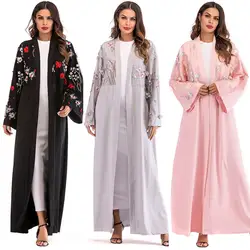 Мусульманский вышивка Абая 3D Цветочный Макси платье кардиган длинные халаты Исламская Мусульманский Стиль; Ближний Восток Бандажное