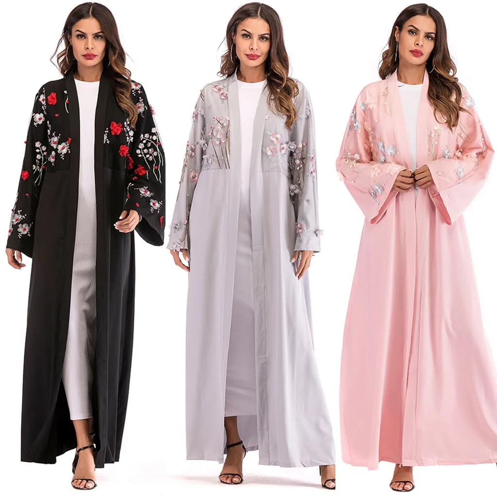 

Muslim Embroidery Abaya 3D Floral Maxi Dress Cardigan Long Robes Abaya Islamic Muslim Middle East Maxi Dress Bandage Kaftan 4.10