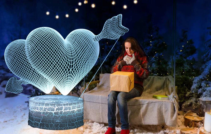 3D лампа одной стрелкой и два сердца светодиодный Ночные огни мультяшный стол сенсорный выключатель семь Цвета акрил Ночник подарок декор