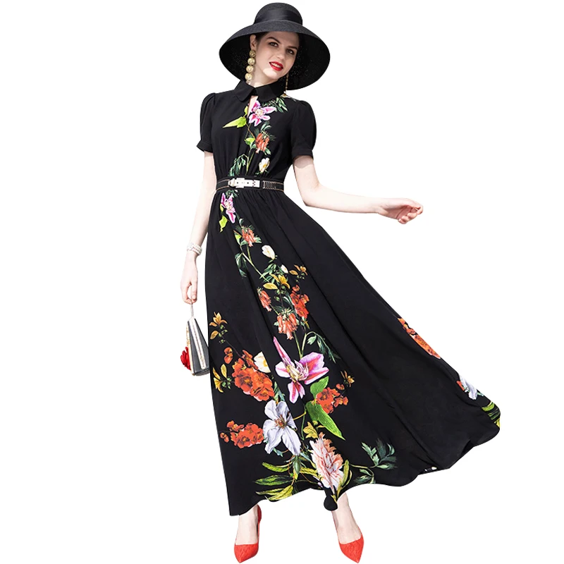 

Summer Chiffon Long Dress Patchwork Printed Short Sleeve 2019 Designer Women Slim Waist Maxi Runway Dress DZ2109