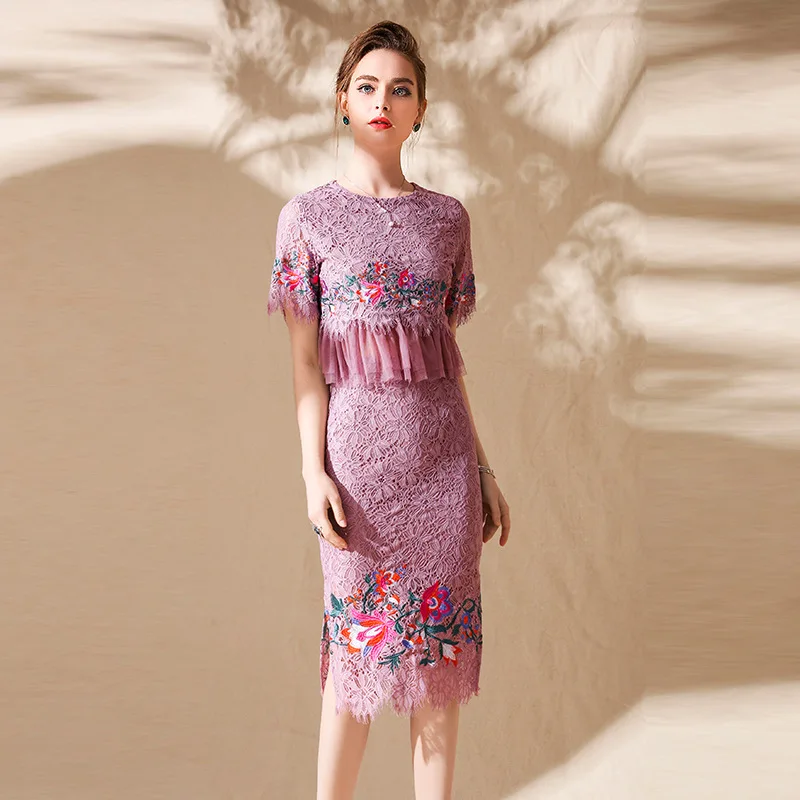 New 2018 Women Summer High Quality Lace Mesh Patchwork Embroidery A-line Mid-calf Dress O-neck Short Sleeve Runway Dresses