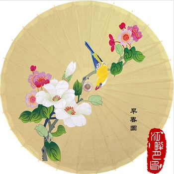 

Light Beige Color Oil Paper Umbrella One Branch Flower Blossom Paper Parasol Birds on Tree Paper Umbrella Are Exhibition Hanging