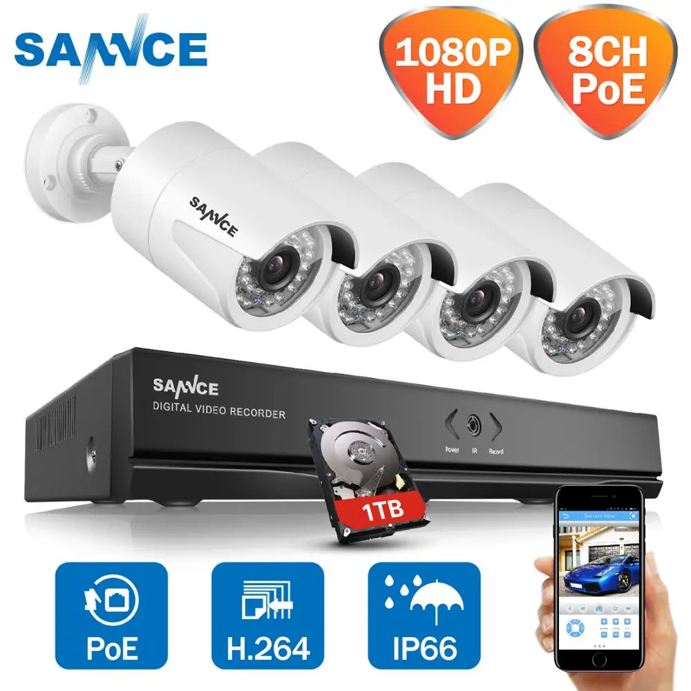 Камера видеонаблюдения SANNCE 4 шт. Full HD 8 каналов 1080P POE NVR 2 МП|Система наблюдения| |