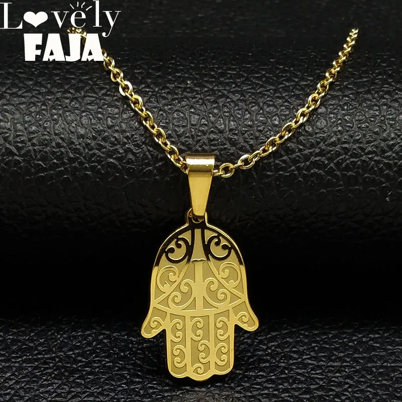 

2019 Hamsa Hand Stainless Steel Statement Necklace Gold Color Necklaces for Women Jewelry acero inoxidable joyeria N18309