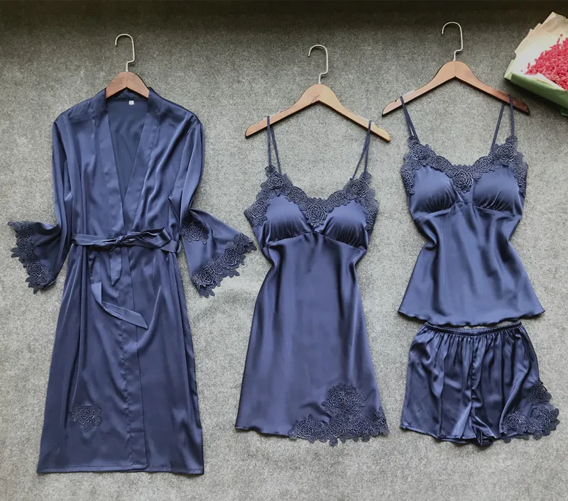 

New Sexy Women Robe &amp Gown Sets Lace Bathrobe + Night Dress Two Pieces Sleepwear Womens Sleep Set Faux Silk Robe Femme Linge