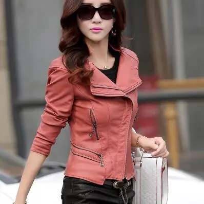 Новая модная женская кожаная куртка,, тонкая, с отложным воротником, кожаная, на молнии, Женская куртка, jaquetas de couro feminino CJJ10 - Цвет: pink