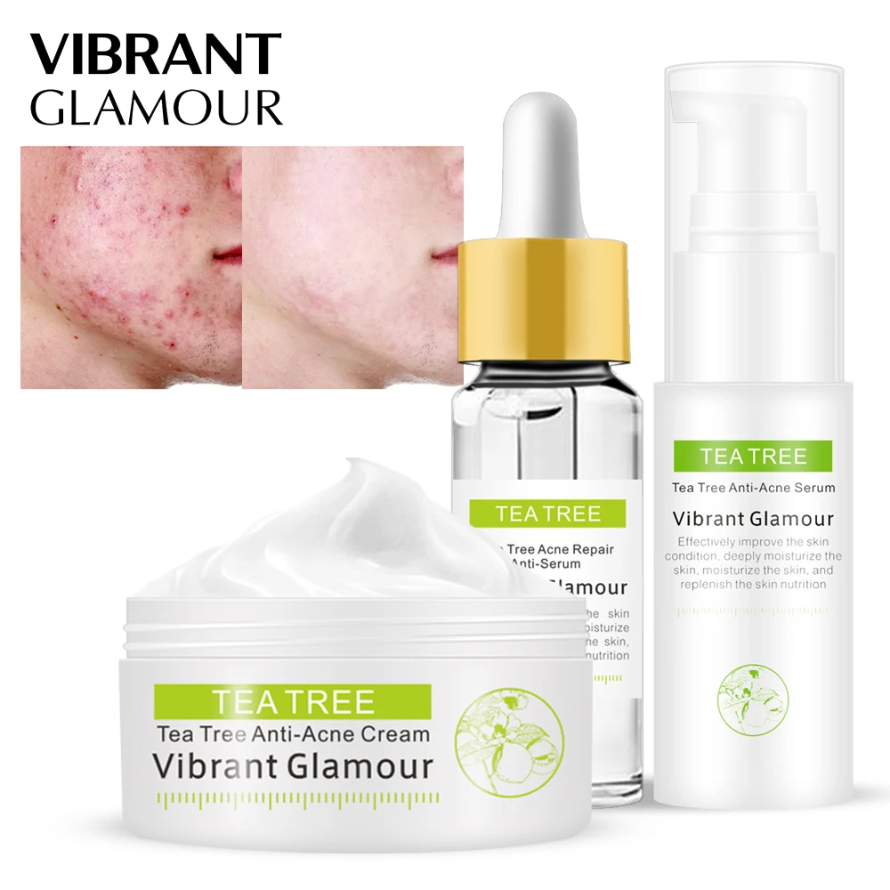 

VIBRANT GLAMOUR Tea Tree Acne Repair Face Serum Face Cream Set Remove Scar Treatment Serum Acne Print Essence Cream Skin Care