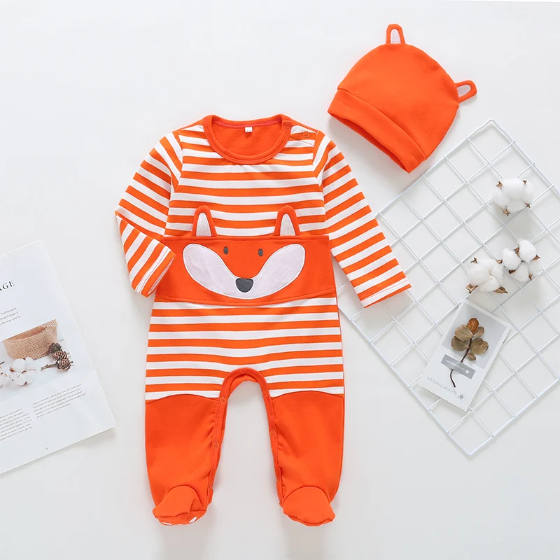 

baby boy girl clothes 2019 new listing baby cotton one-piece body climbing clothing striped small fox shape + hat two-piece