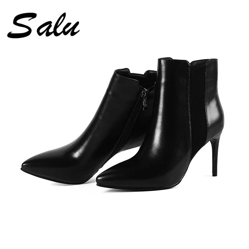 

Salu High Quality Ankle Boots Genuine Leather Soft Leather Women Boots Double Zip Short Plush Spring Autumn Boots New