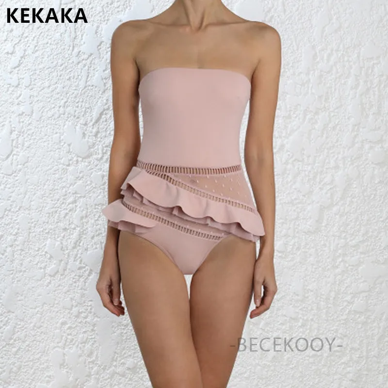 Женский слитный купальник с баской KEKAKA винтажный однотонный телесного и