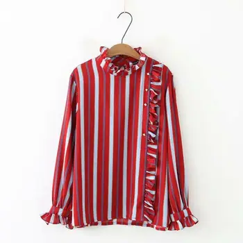 

Plus Size Fashion Women Blouse Striped Long Sleeve Blouses Ruffle Top