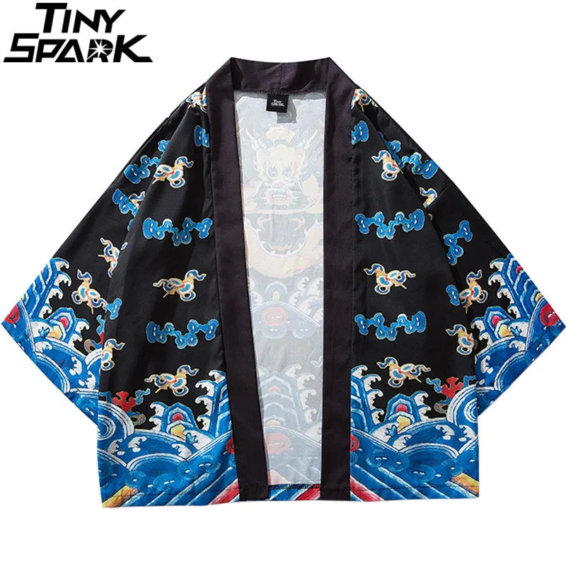 2019 Harajuku Kimono Jacket Japanese Hip Hop Men Streetwear Jacket Ancient Chinese Officer Robe Dragon Summer Thin Retro Style