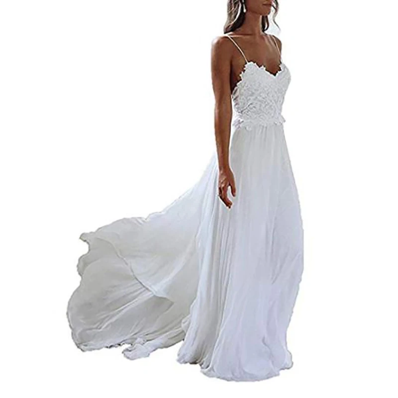 

Spaghetti Straps Applique Backless Long Chiffon Beach Wedding Dress Bridal Gowns simple wedding dress wedding gowns 2018 boho