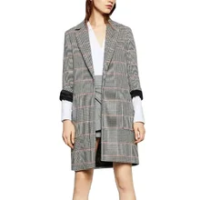 Winter 2016 Women Plaid Long Wool & Blends Coat Long Sleeve Open Stitch Pockets Outwear European Stylish Oversized Tartan Tops