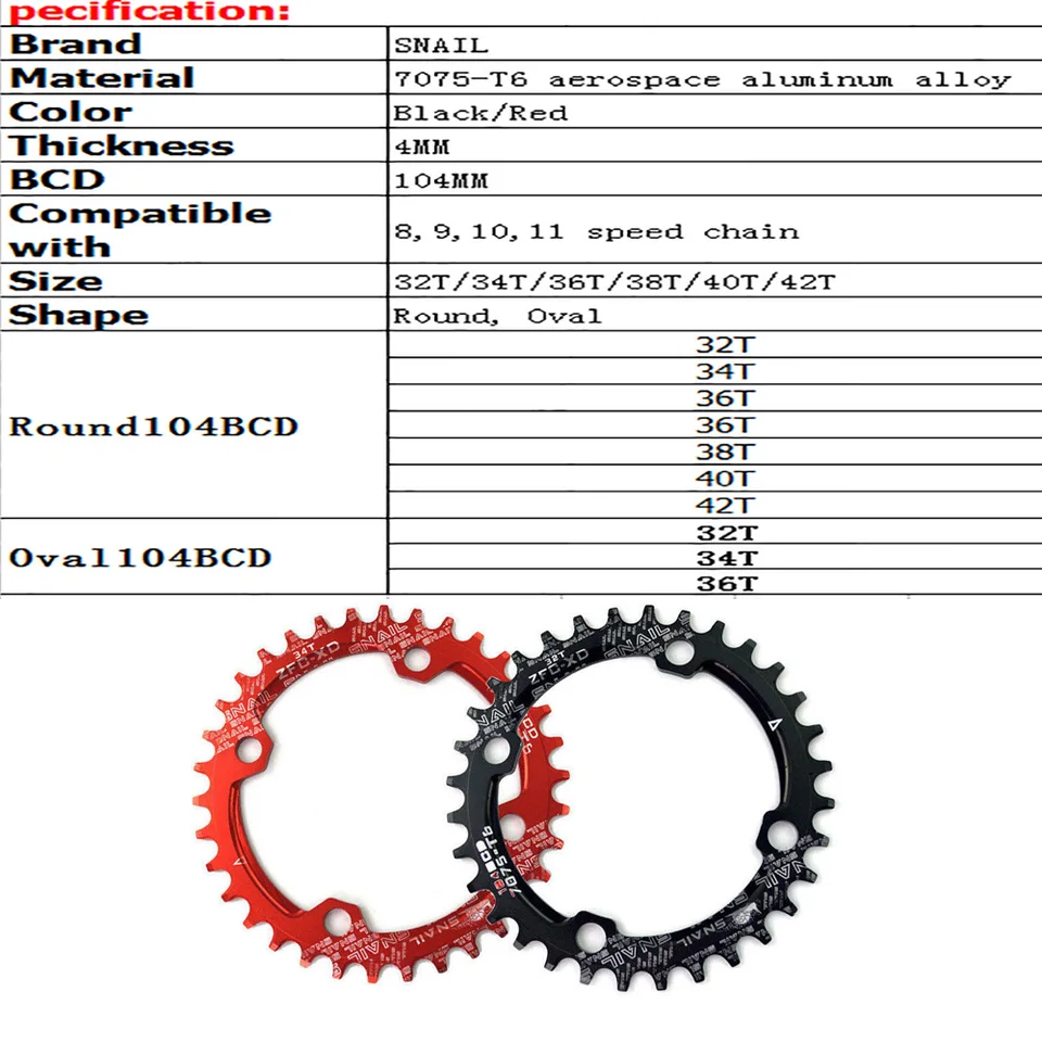 8 9 10 11 SPEED SNAIL ZFC-XD 36T RED ALLOY 104BCD NARROW WIDE N//W CHAINRING