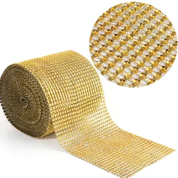 

GOLD 4.5"x10 Yards 24 Row DIAMOND MESH WRAP ROLL SPARKLE RHINESTONE Crystal Ribbon,best quality factory price ,customizable