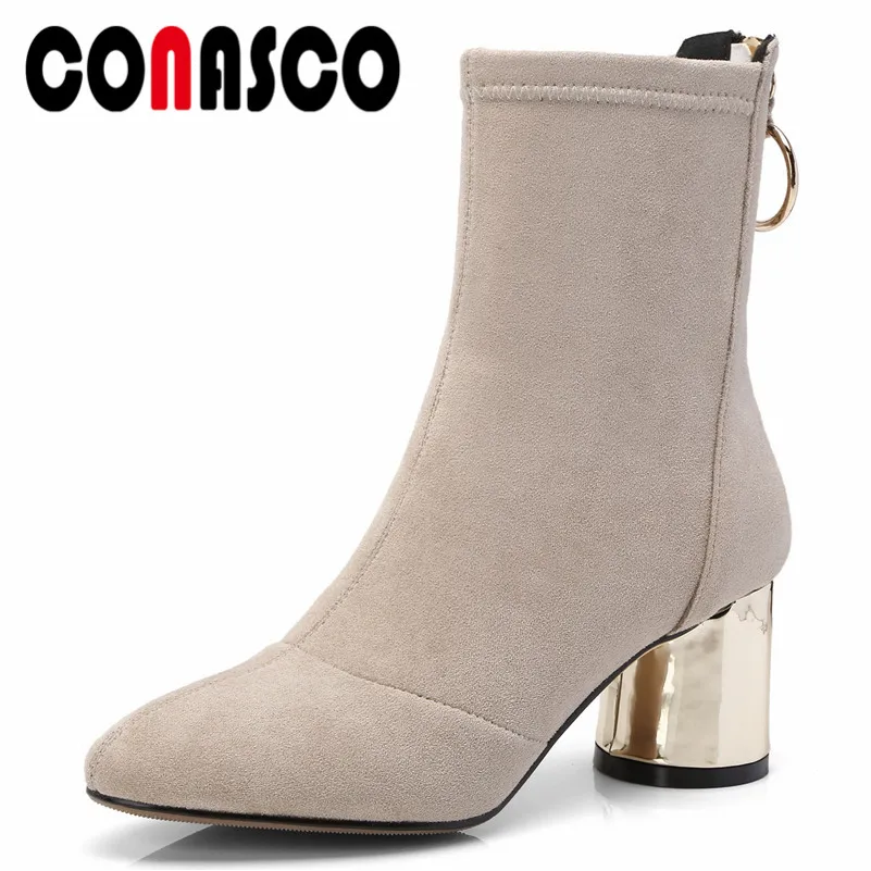

CONASCO New Arrival Women Ankle Boots Autumn Winter Warm High Heels Shoes Woman Round Toe Metal Decoration Concise Casual Shoes