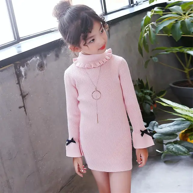 Turtleneck Girls Sweater Dress 2019 New Winter Spring Kids Knitted