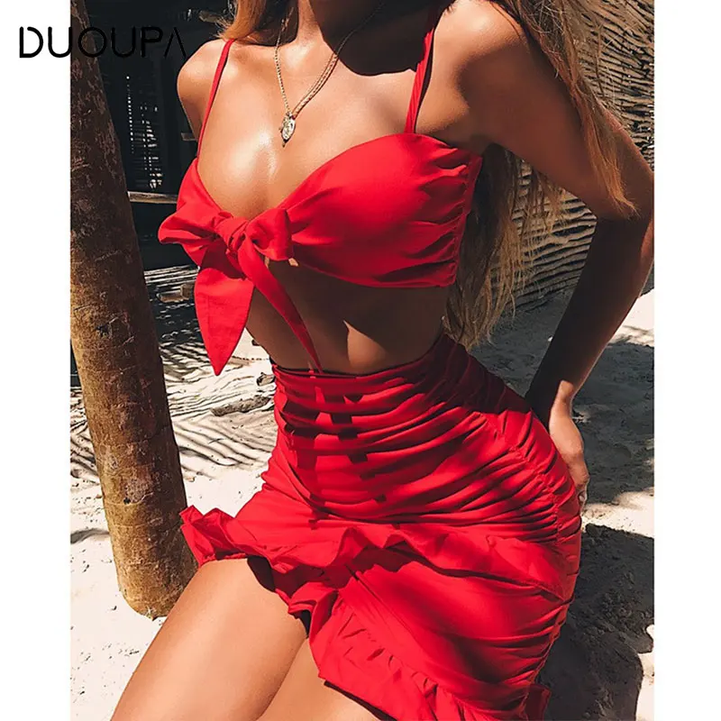 

DUOUPA Ladies Spaghetti Strap Ruffles Bodycon Sleeveless Bow Tie Two Piece Set