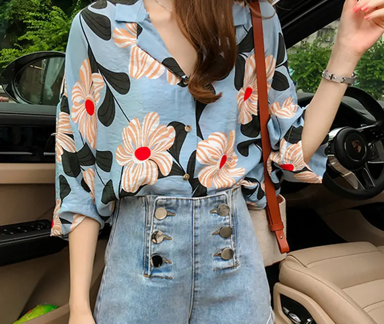 Summer Tops Women Blouses 2019 New Chic Flower Shirt Casual Chiffon Blusas Mujer Fashion Print Tops Plus Size Shirts Femme  (7)