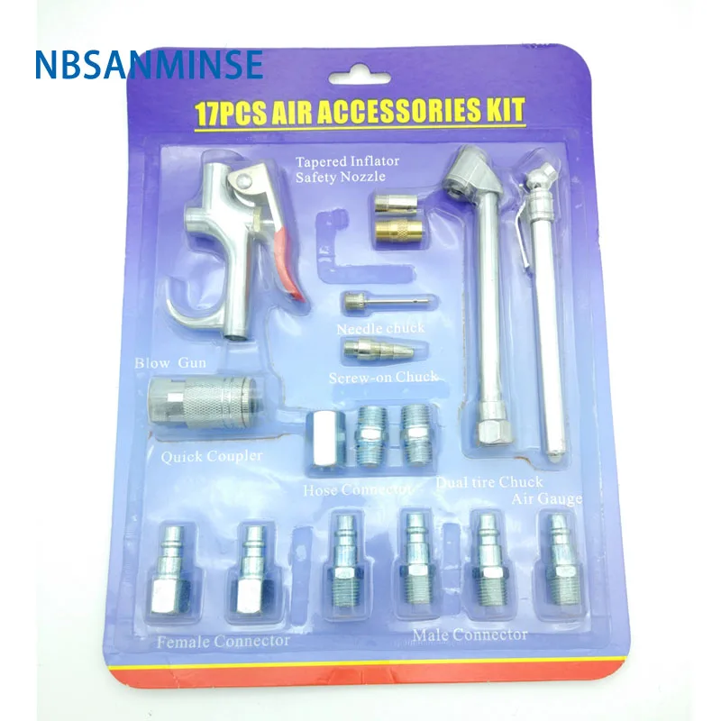 

A Set Of 17Pcs Zinc Alloy Blowing Dust Gun Air Accessories Kit Parts Air Compressor Safety Nozzle Connector High Quality Sanmin