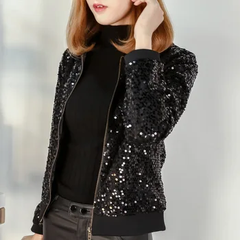 

Women Black Sequin Jacket Spring Girls Fashion Embroidery Shiny Jackets Female Long Sleeve Loose Coat Plus Size Baseball Uniform