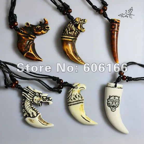 6pc lot Mix Style Animal Teeth Pendant Necklace Rhino lion wolf dragon eagle tiger Tooth Resin
