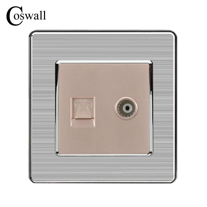 COSWALL RJ11 2 النواة الهاتف موصل مع الإناث التلفزيون جاك الفولاذ المقاوم للصدأ نحى لوحة مقبس الحائط منفذ COSWALL RJ11 2 النواة الهاتف موصل مع الإناث التلفزيون جاك الفولاذ المقاوم للصدأ نحى لوحة مقبس الحائط منفذ
