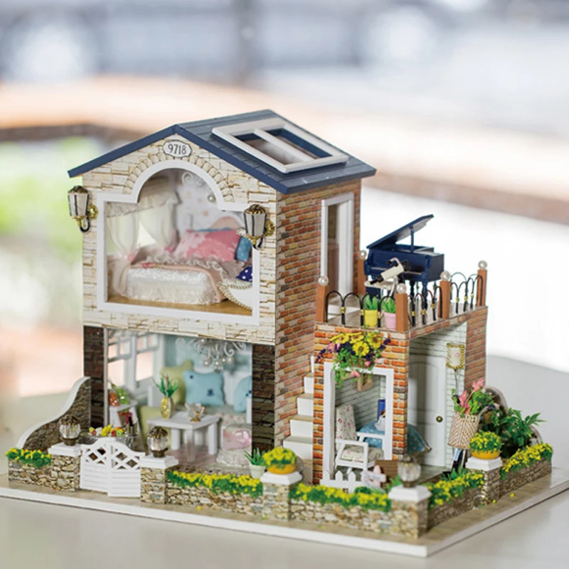 

DIY DollHouse Miniature With Furnitures LED Light Wooden Doll House Villa Model Toys Gift Ireland Romantic Country 13839 #E