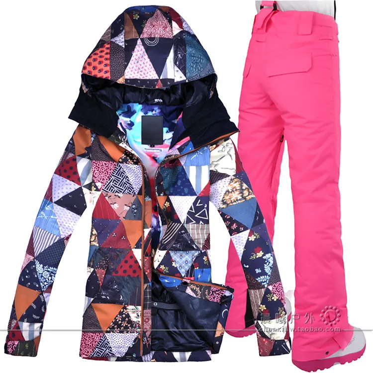 Водонепроницаемая ветрозащитная зимняя одежда для женщин, лыжная куртка и штаны, женский костюм для сноуборда с принтом треугольников, зимнее лыжное пальто, брюки - Цвет: pink
