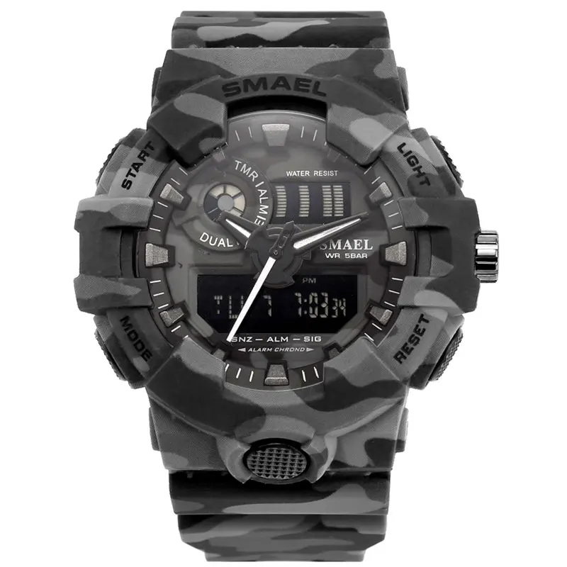 Новые камуфляжные военные часы SMAEL Брендовые спортивные часы светодиодный кварцевые часы мужские спортивные наручные часы 8001 мужские армейские водонепроницаемые часы - Цвет: Gary
