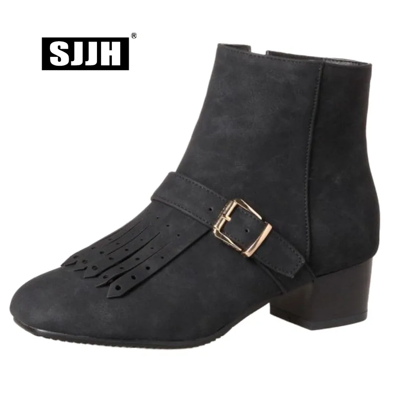 

SJJH Women Nubuck Chelsea Boots with Square Toe Chunky Zip Short Plush Fringe Ankle Boots Fashion Casual Shoes Large Size Q487