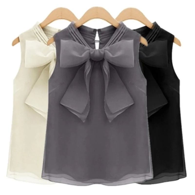 New Summer Women Shirts Vestidos Plus Size Loose Fashion Sweet Big Bowknot Sleeveless Solid Chiffon For Vest Shirt | Женская одежда