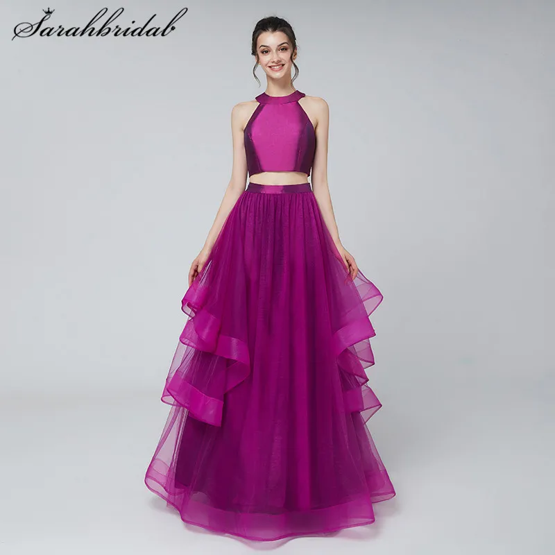 

Charming Youthful Two-piece Long Prom Dresses Purple Tulle A-Line Sleeveless Back Zip Evening Gowns Halter Floor-Length Hot 3172