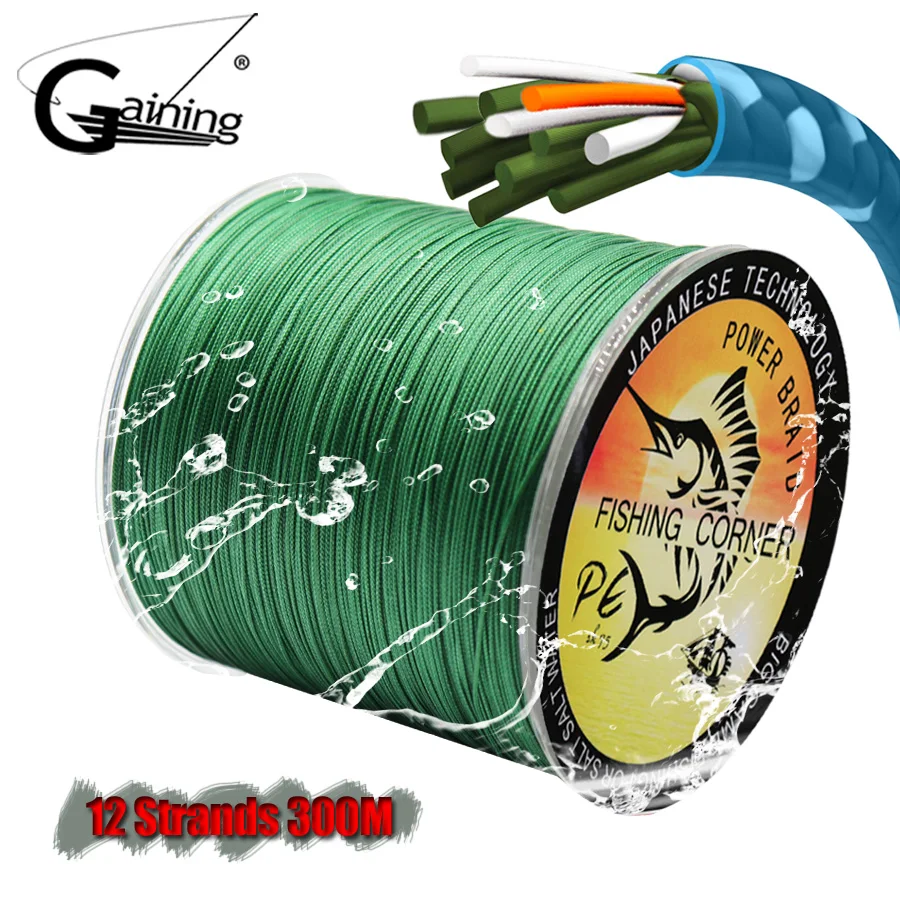 Baratos Línea de pesca trenzada de 12 hebras 300M PE alambre 35LB 180LB multifilamento línea de pesca 8 colores para elegir