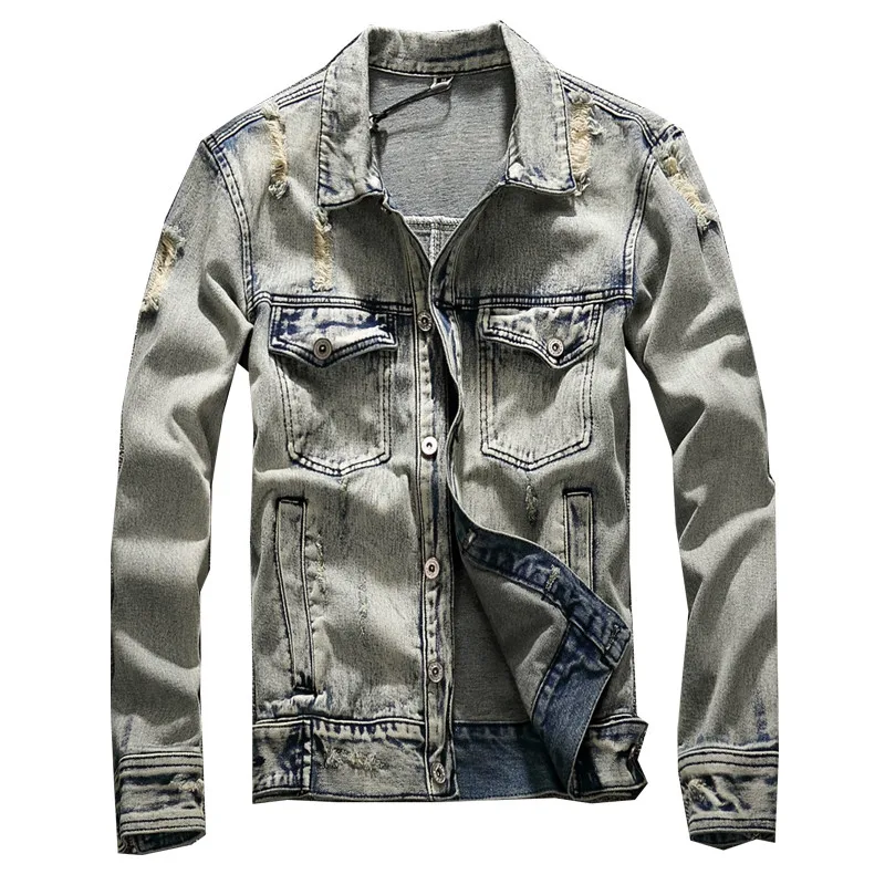 MORUANCLE Для мужчин Винтаж Рваные джинсы куртки Марка NEW FASHION Hi Street в стиле ретро; искусственно состаренные джинсовые куртки джинсовая куртка с высоким воротником для девочек; Верхняя одежда с отверстиями большие Размеры S-6XL