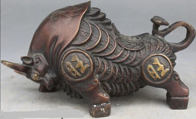 

0 9" Chinese Bronze Gilt Fengshui Zodiac Year Bull Ox Cattle Money Wealth Statue