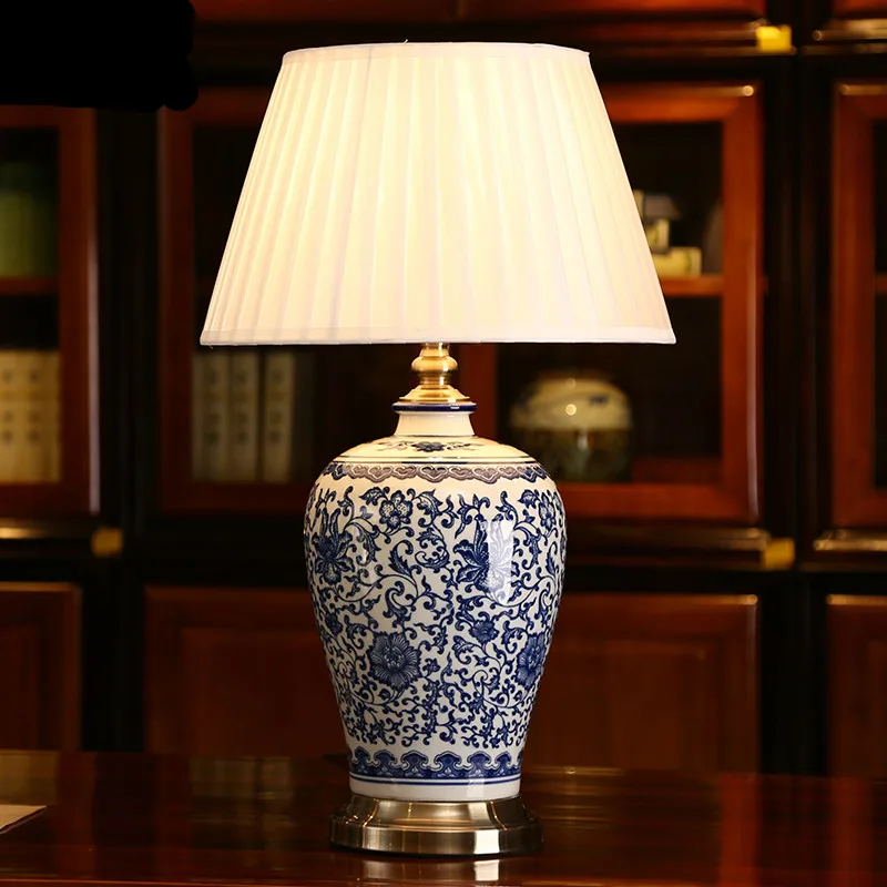 High End Handmade Elegant Chinese Blue And White Ceramic Fabric Led E27 Dimmer Table Lamp For Living Room Bedroom H 58cm 1261