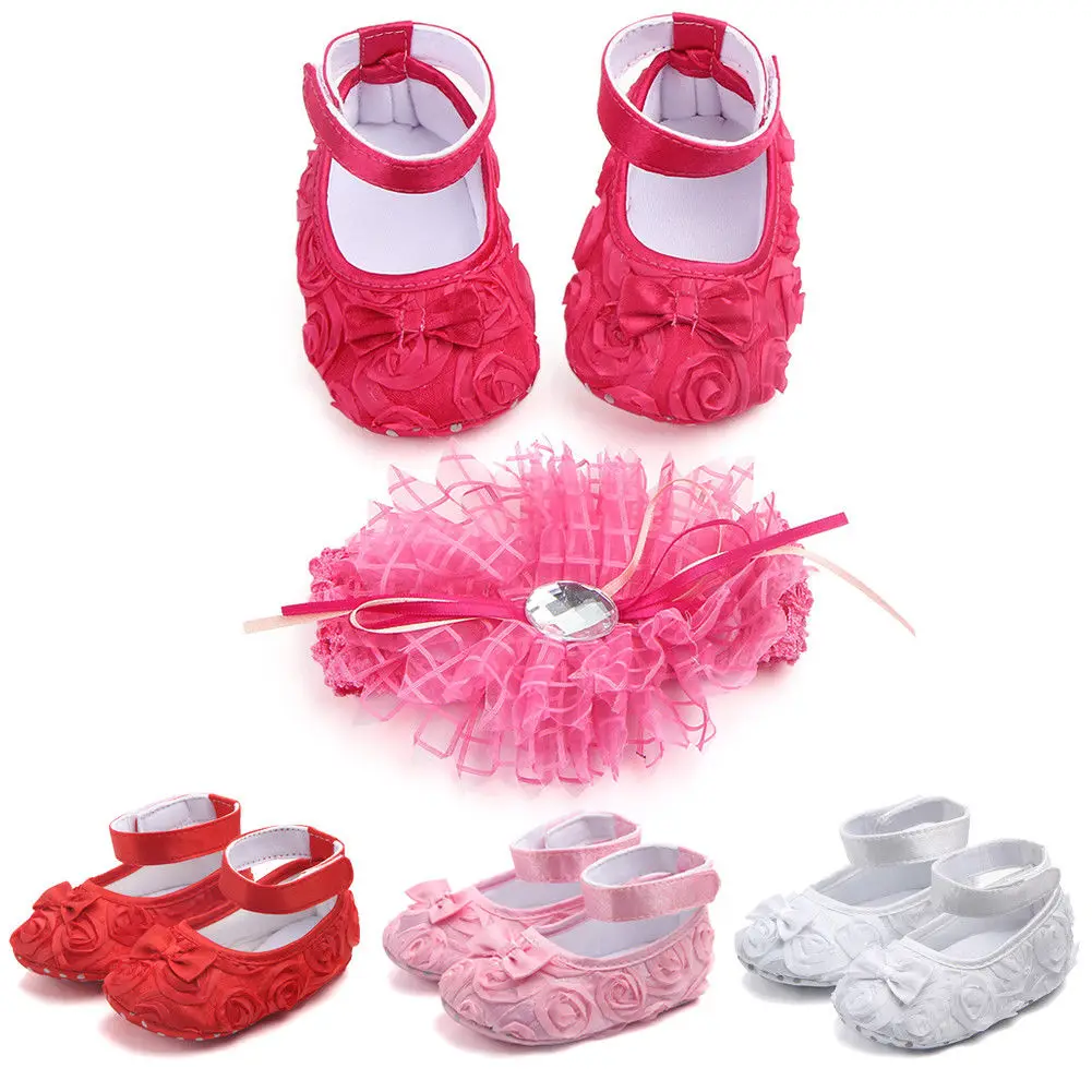 

Newborn Princess First Walkers Baby Girls Floral Crib Shoes With Bow Infant Baby Soft Sole Prewalker+Heandband 2pcs Set Sneakers