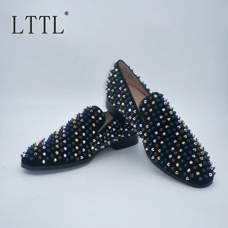 

British Style Mixed Colors Spikes Men Loafers Fashion Smoking Slippers Suede Mens Shoes Large Size Men's Flats Genuine Leather