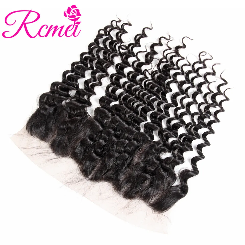 Rcmei Brazilian Deep Wave Lace Frontal Closure Natural Black 13*4 Ear To Ear Lace Front Free Part Remy Hair Closure