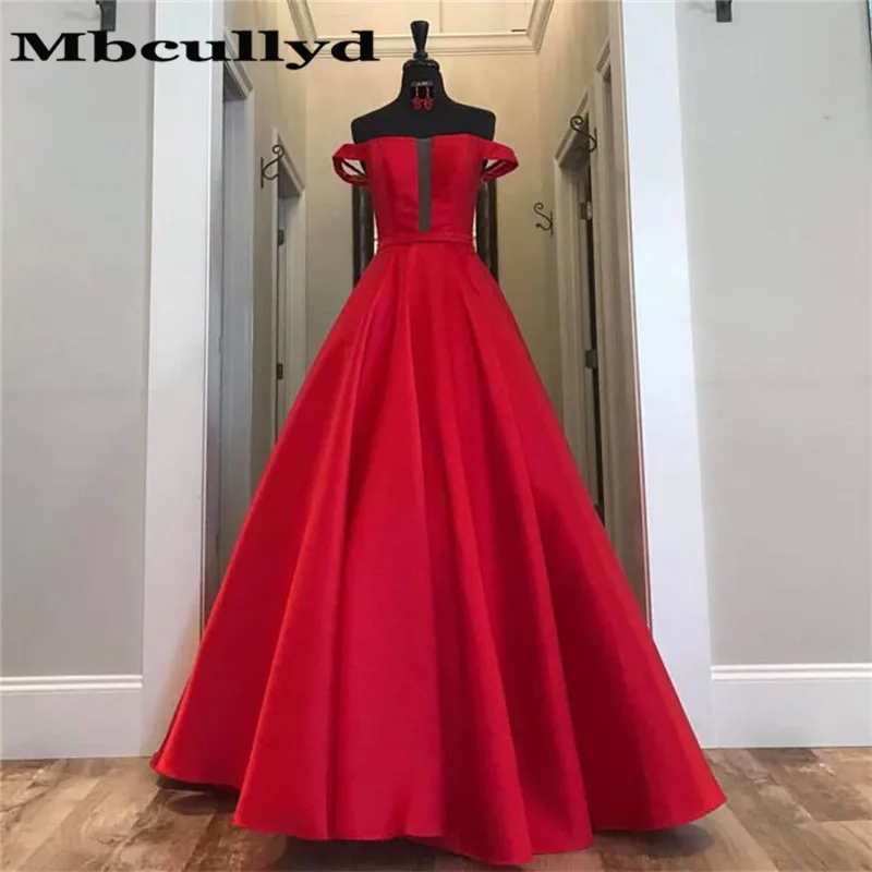 

Mbcullyd Elegant Red A-line Prom Dresses Long Formal Off the ShoulderSatin Party Evening Gowns with Pockets robe de soiree