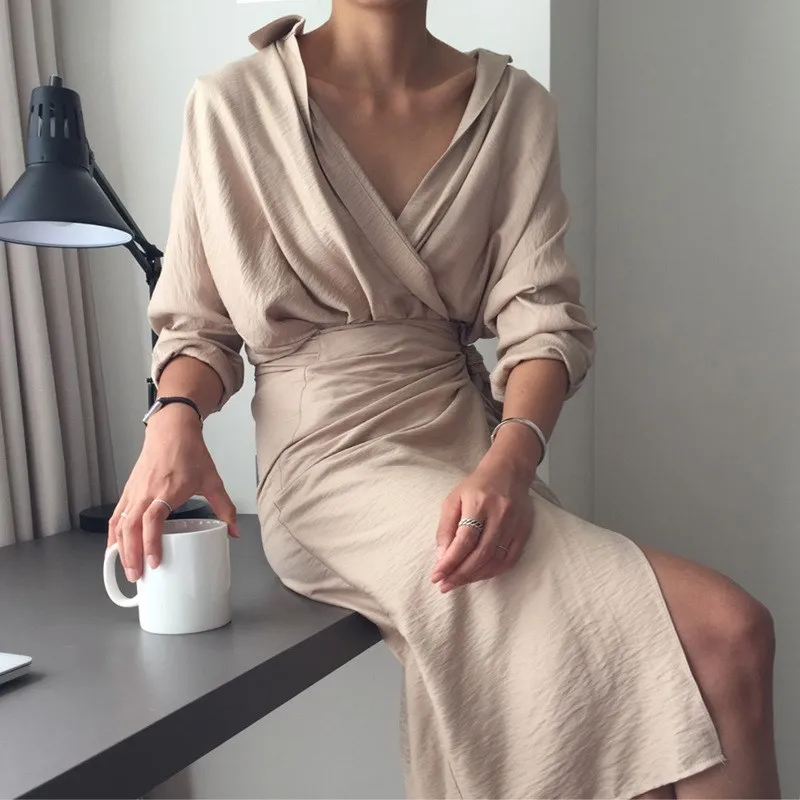 

3 Colors 2018 Spring Summer Vintage Women Long Shirt Cotton and Linen Dress Warp V Neck Long Sleeve Work Dress