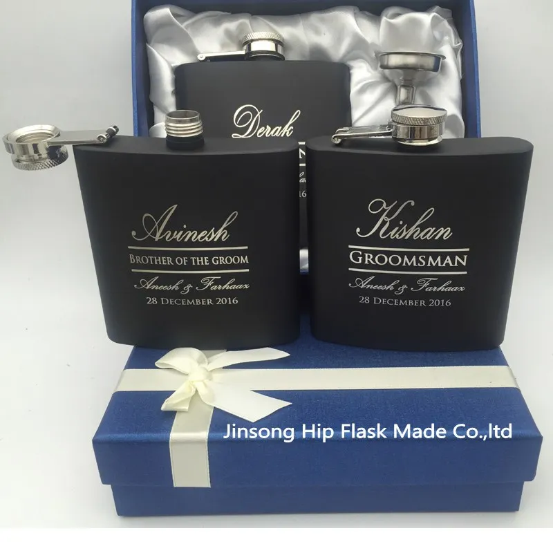 

Personalized wedding gift for groom or Groomsmen gifts of hip flask with 4 cups funnel set in Black or Blue gift box packing